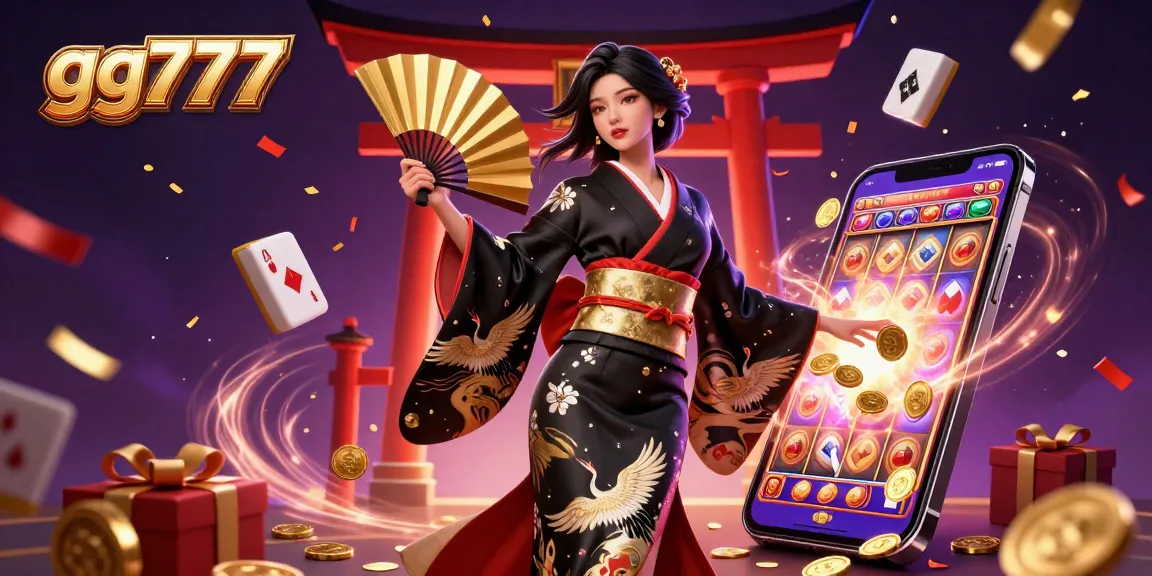 Experience thrilling gaming with gg777 in this vibrant 3D casino scene featuring slot games and poker elements.