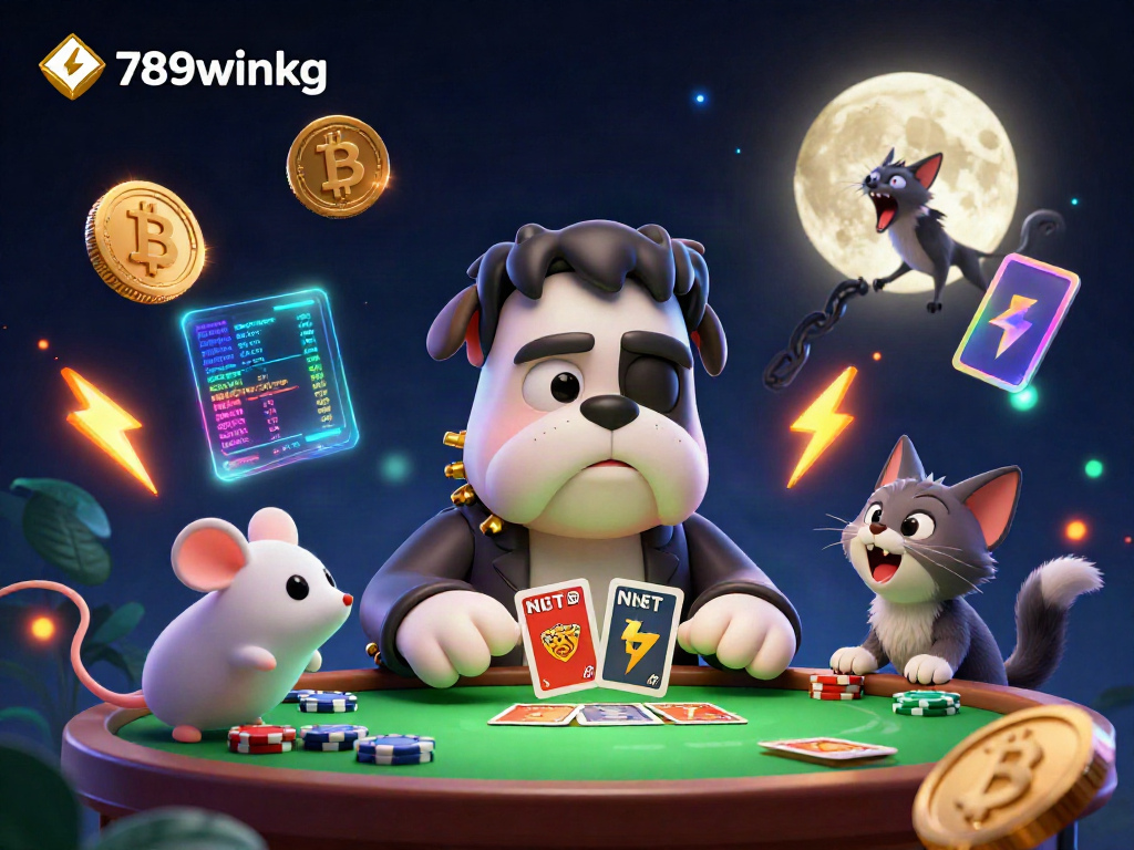 Experience lively gaming with 789winkg, featuring a cartoon bulldog dealer and crypto-themed elements.