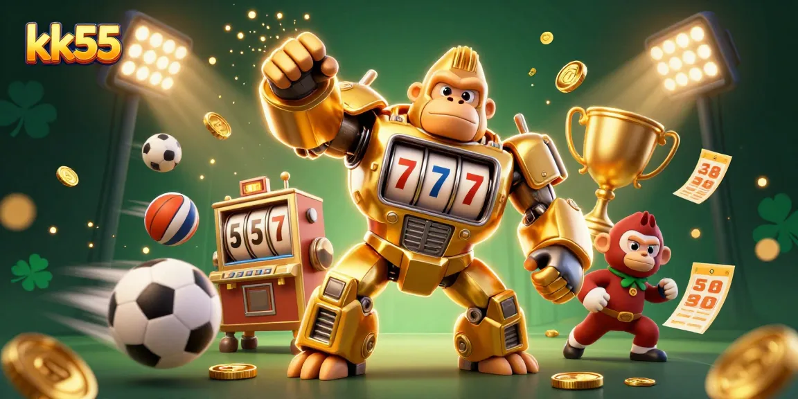 kk55 showcases an explosive gaming scene with a golden gorilla mech amidst thrilling sports elements.
