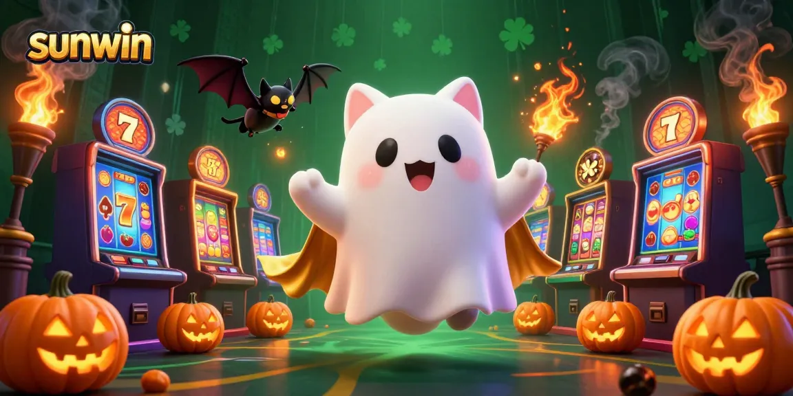Experience excitement with sunwin where ghost cats and glowing slot machines come alive in this vibrant casino scene.