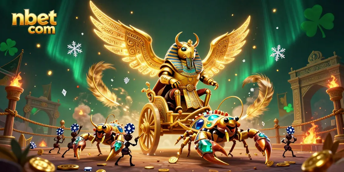 Engage the excitement at nbet com with this vibrant 3D scene showcasing a colossal golden scarab beetle and scorpions.