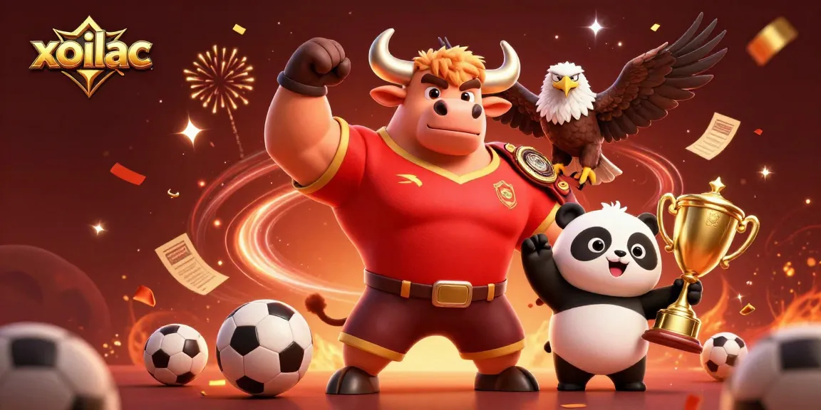 Experience the thrilling essence of xoilac with mascots celebrating around vibrant casino elements.