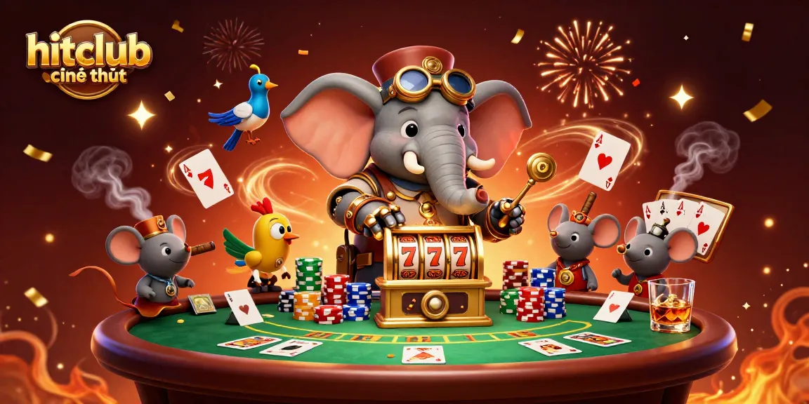 Experience exciting wins at hitclub chính thức with a colorful 3D casino illustration full of dynamic game elements.