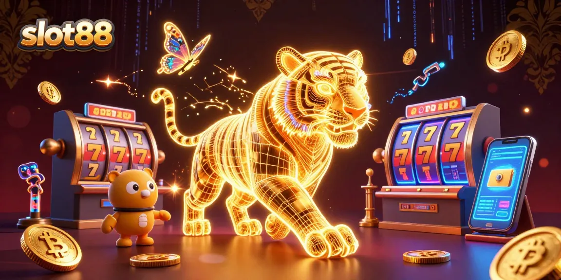 Experience slot88 with vibrant slot reels and digital coins glittering in a dynamic casino scene.