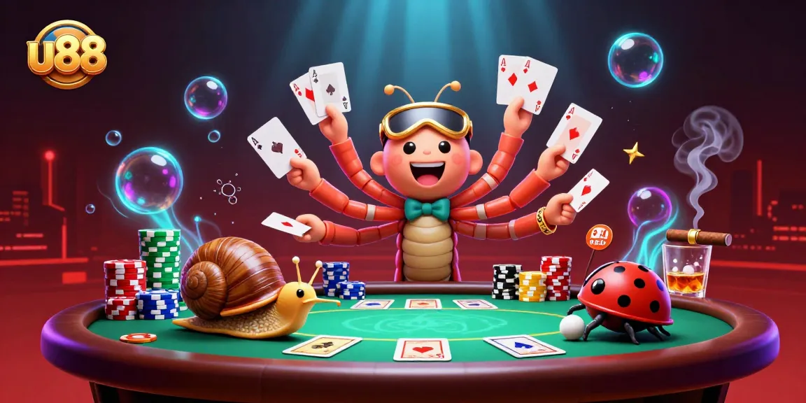 Bet on u88 at an exciting casino, featuring a millipede dealer and colorful poker elements.