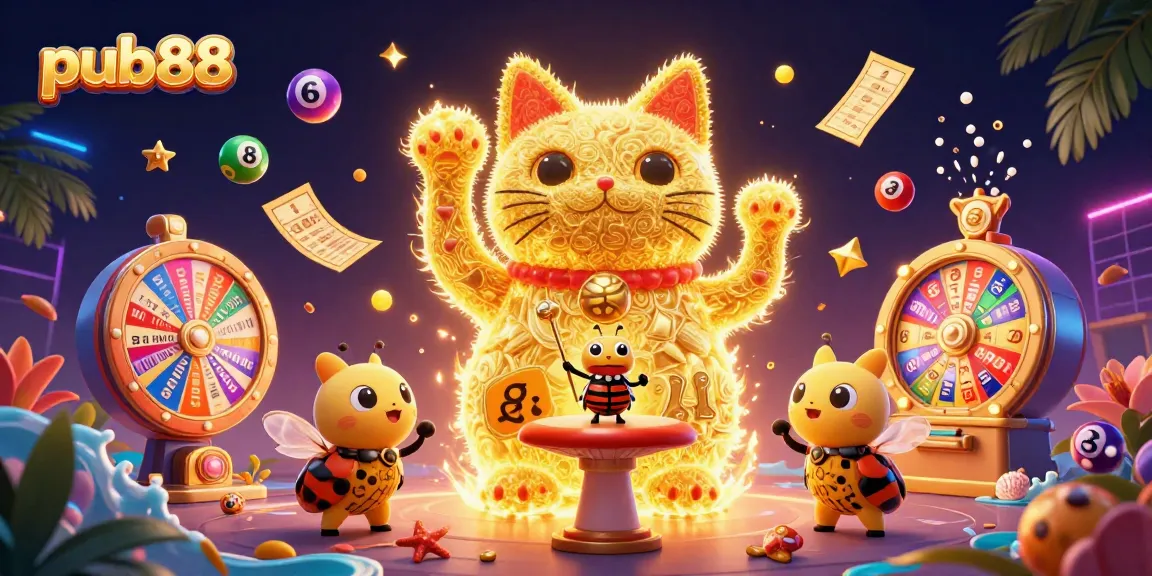 Experience the excitement of pub88 with a vibrant illustration of a lucky cat surrounded by dynamic casino symbols and prizes.