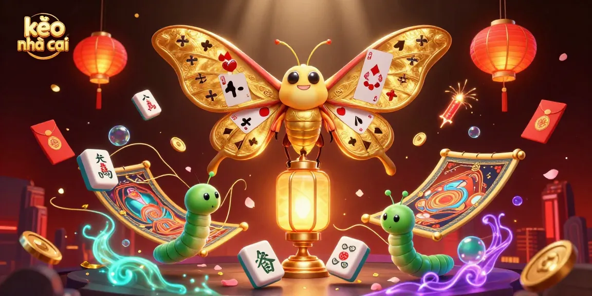 Engage with kèo nhà cái as a vibrant 3D scene featuring a majestic moth and casino elements.