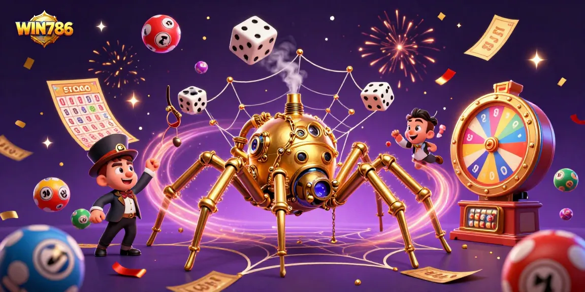 Experience the excitement of WIN786 with a dynamic casino illustration featuring a steampunk spider and vibrant lottery balls.
