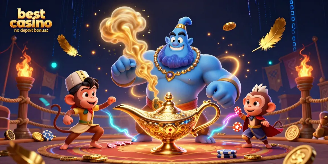 Experience thrilling gameplay with the best casino no deposit bonuses featured alongside a vibrant 3D genie scene.