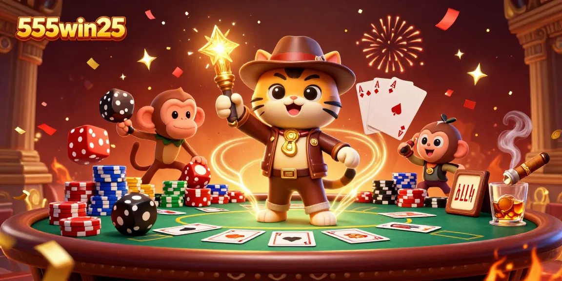 Engage with thrilling moments at 555win25, showcasing a dynamic casino scene with characters and poker elements.