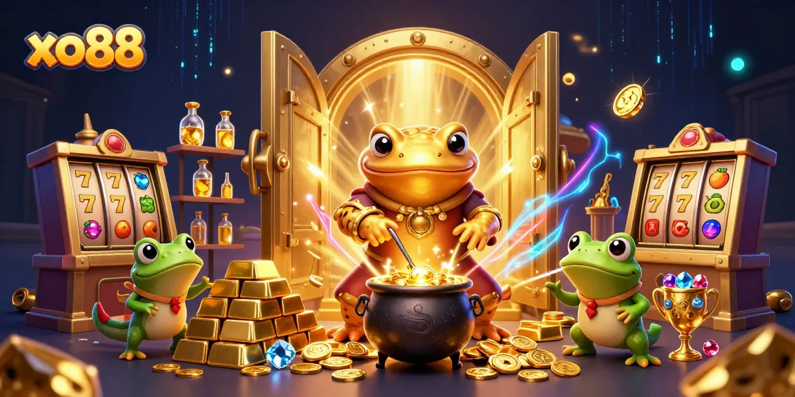 Win big at xo88 with a magical scene of slot machines and gold coins swirling around.