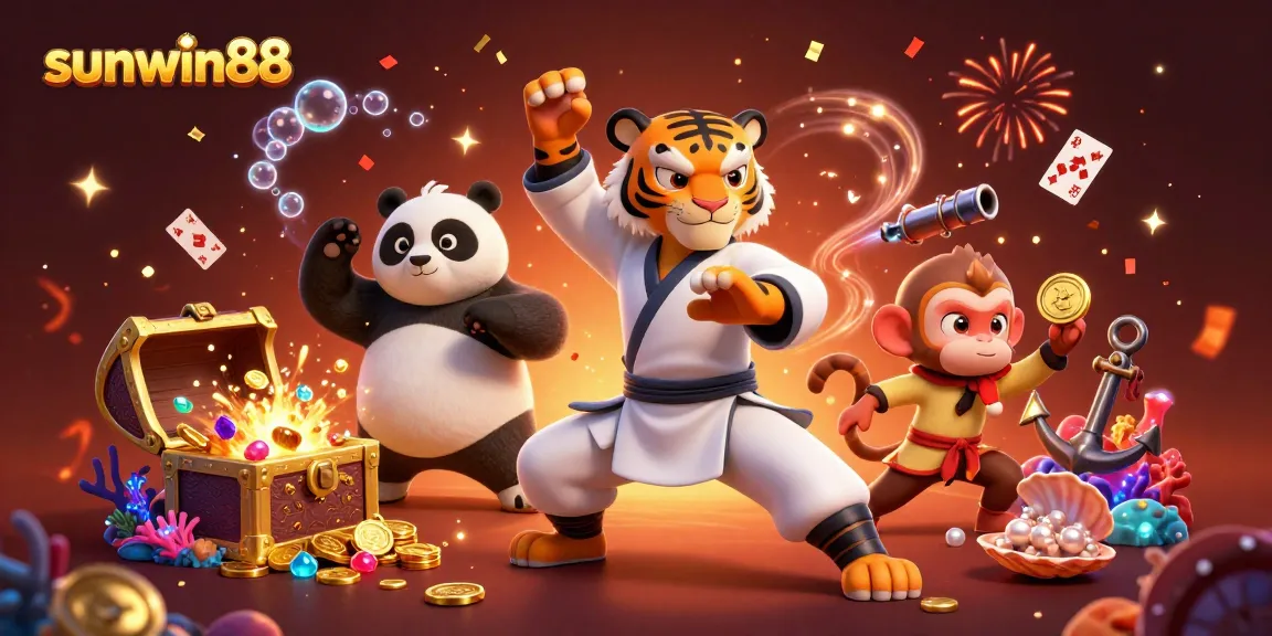 Experience thrilling gameplay at sunwin88 with vibrant, playful 3D characters amidst a dynamic casino scene.