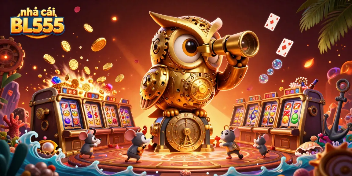 Experience thrilling gameplay at nhà cái BL555 with vibrant illustrations of slots, owls, and golden treasures.