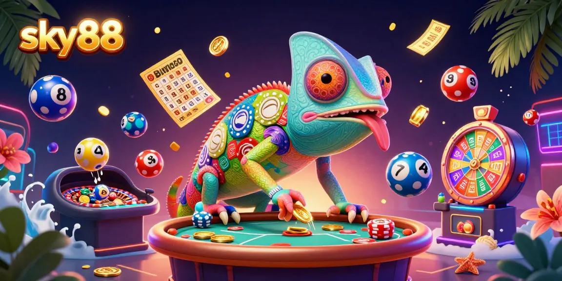 sky88 casino owner chameleon snatching coins while lottery balls bounce around dynamically