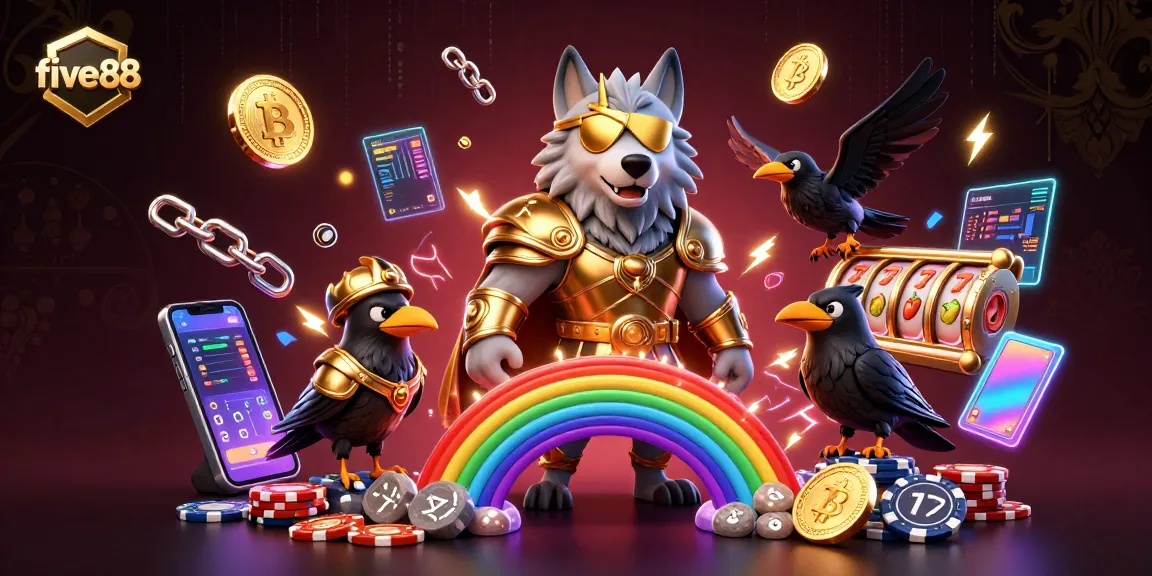Experience five88's vivid casino atmosphere with an Odin wolf, ravens, and crypto elements.