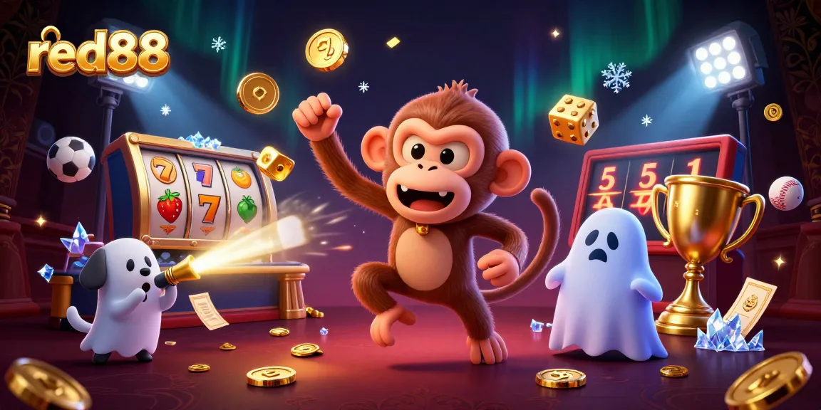Engage in thrilling red88 gaming with our mischievous monkey and curious puppy in a vibrant casino.